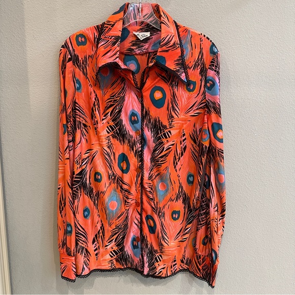 Vintage Tops - Vintage 70s/80s Mr. Stan Peacock Feather Print Button Down Woven Rayon Blend L